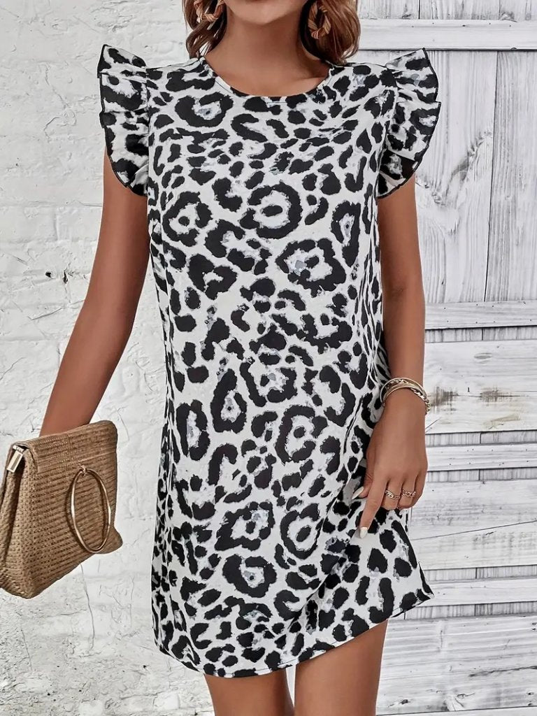 Kadın Kısa Kollu Kolları Fırfır Detay Arkası Bağlamalı Leopar Desen Kolsuz Mini Mikro Elbise