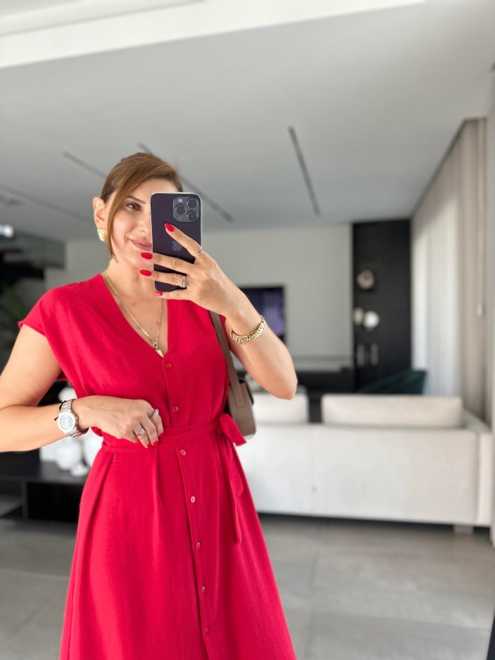 Kadınn V Yaka Düğme Detay Kuşak Dahil Elbise