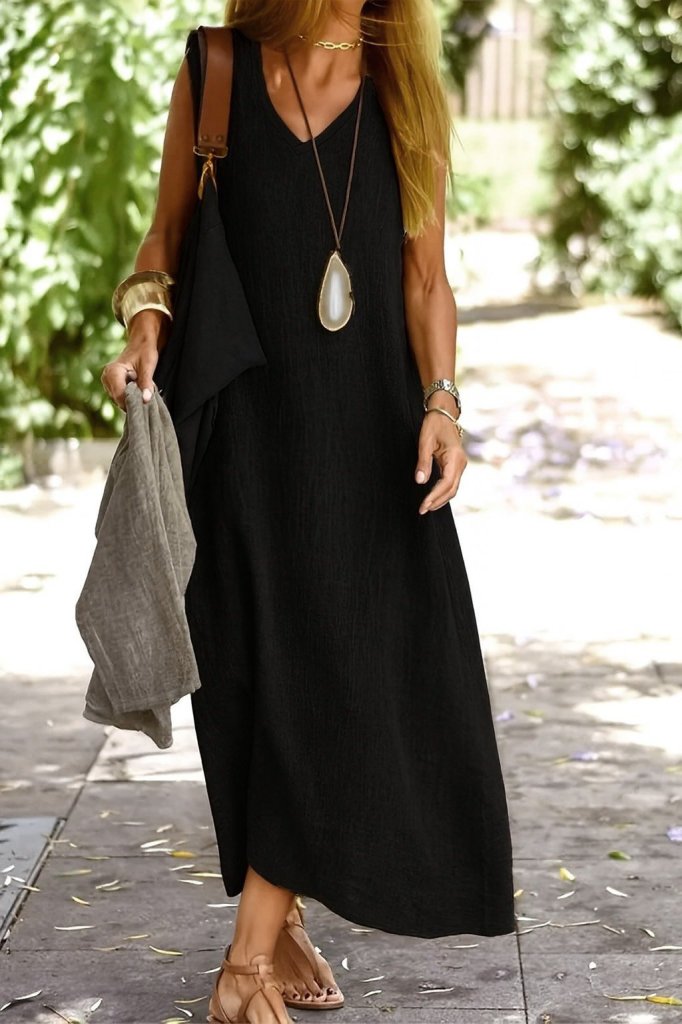 Kadın Kolsuz V Yakalı Maksi Boy Ithal Keten Elbise