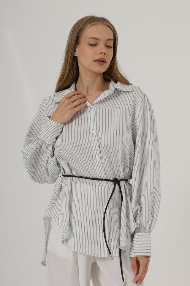 Simli Çizgili Kemerli Gömlek - Beyaz