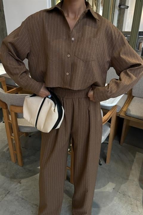 Crop Gömlekli Çizgili Takım 10080