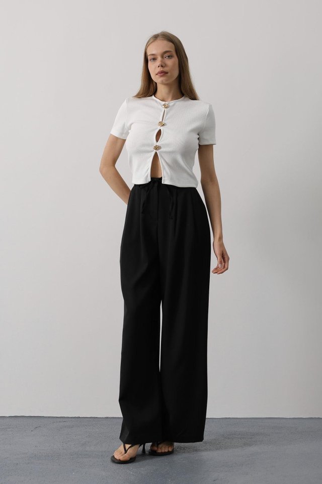 Pileli Bağcıklı Oversize Pantolon - Siyah