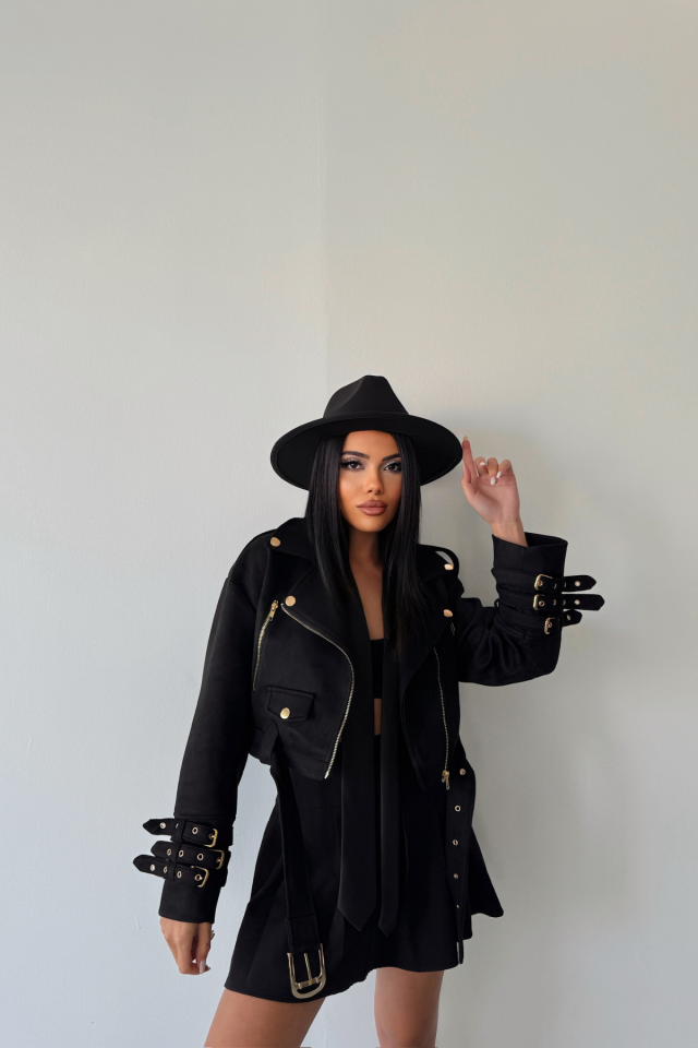 SÜET CROP CEKET KOL 3 KEMER DETAYLI - Siyah