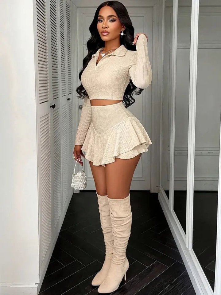 Bürümcük Kumaş Uzun Kol Vatkalı Şort Etekli Takım