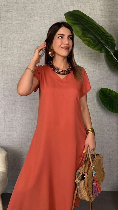 Kadın Kısa Kollu V Yaka Salaş Maxi Boy Elbise