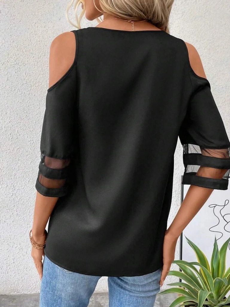 Kadın Kısa Kollu V Yakalı Soğuk Omuz Kolda Ip Detaylı Kolda şifon Tül Detaylı Janjan Krep Bluz