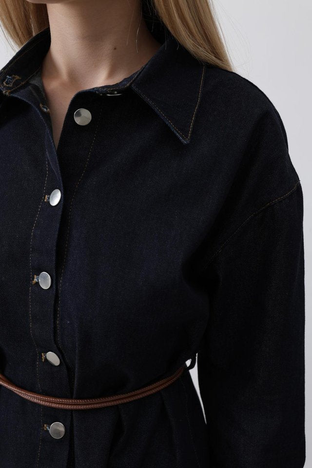 Kemerli Denim Takım - Mavi