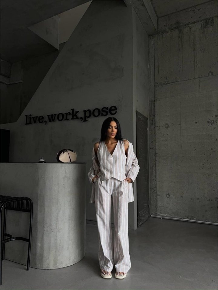 ÇİZGİLİ CEKET KETEN - Bej