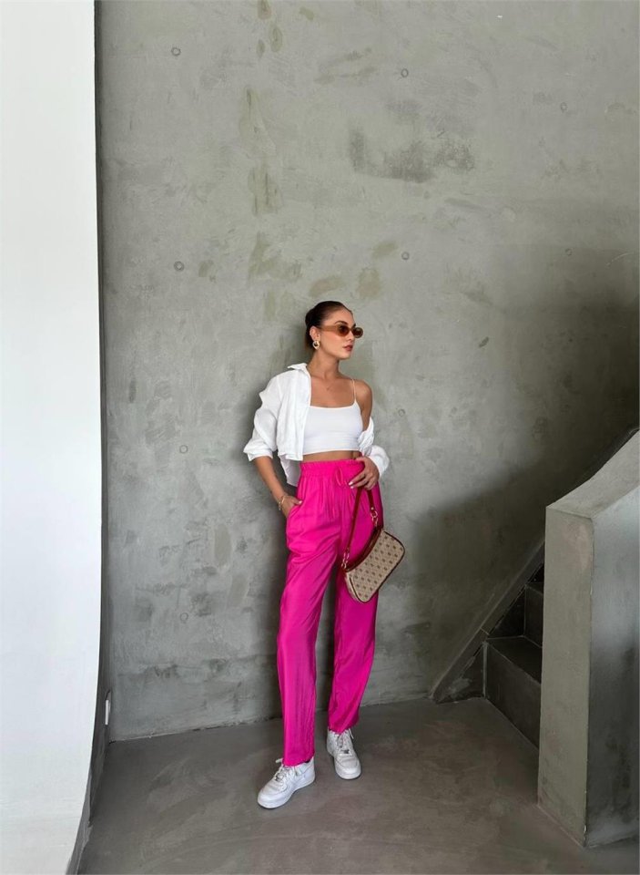 BEL LASTİK DETAYLI MODAL KUMAŞ PANTOLON - Fuşya