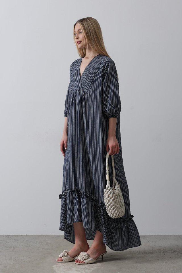 Çizgili Oversize V Yaka Elbise - Lacivert