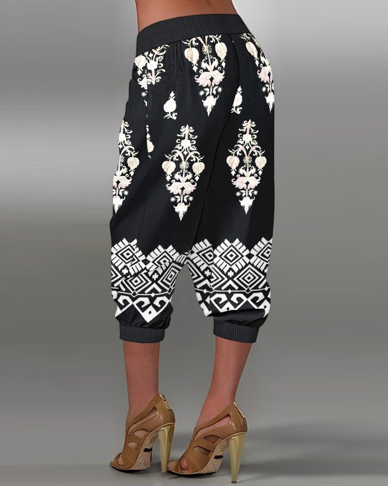 Kadın Beli Lastikli Etnik Desenli Kapri Süprem Pantolon
