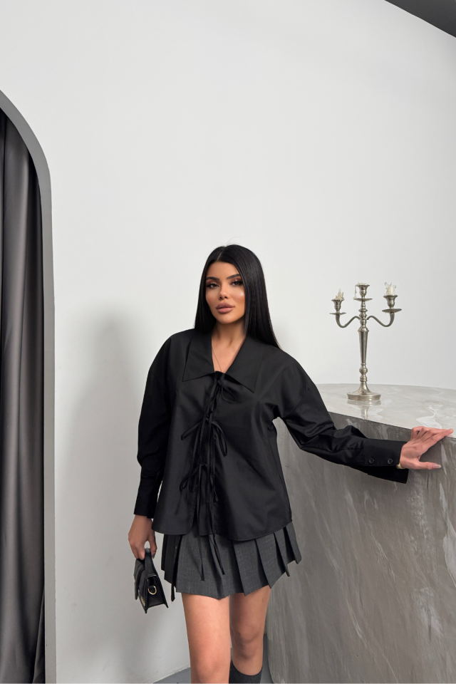 OKUL YAKA POPLİN GÖMLEK İP BAĞLAMA DETAYLI - Siyah