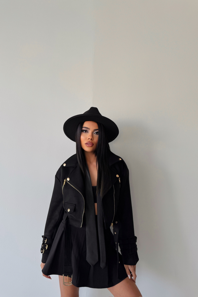 SÜET CROP CEKET KOL 3 KEMER DETAYLI - Siyah