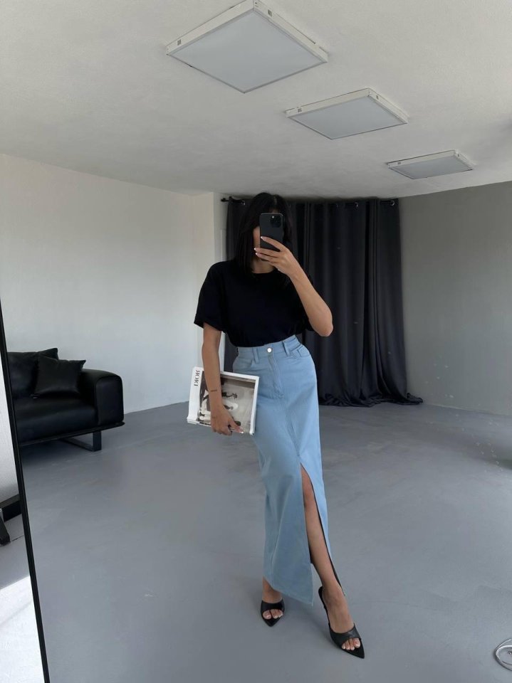 GABARDİN UZUN ÖNDEN YIRTMAÇLI ETEK - Mavi