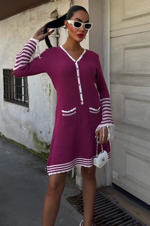 Triko Kolları Püsküllü Düğmeli Elbise 2849