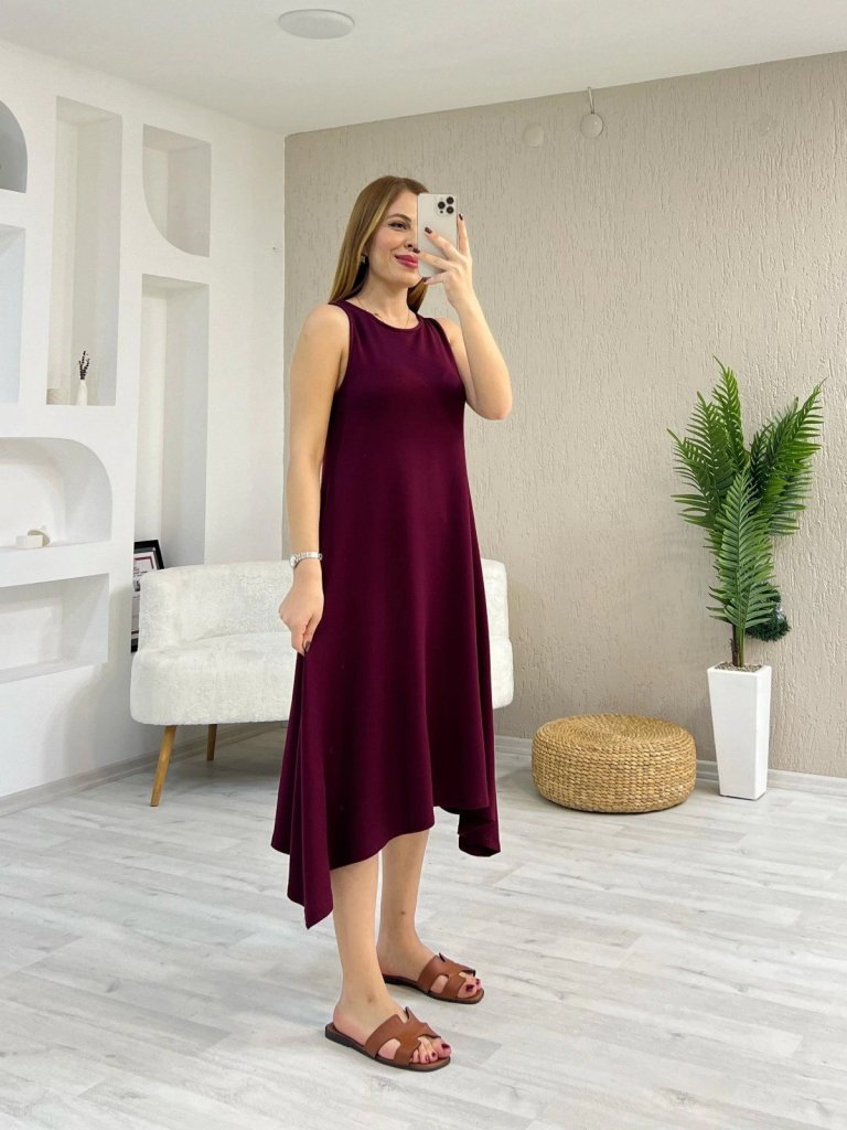 Kadın Askılı Yuvarlak Yakalı Asimetrik Kesim Detaylı Viskon Elbise