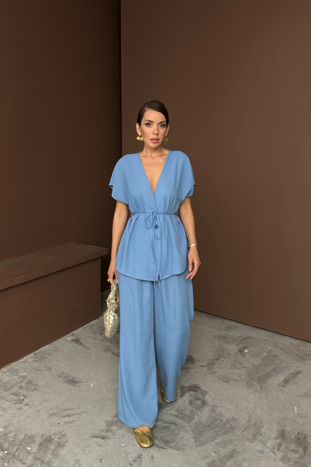 KETEN V YAKA BELDEN BAĞLAMALI BLUZ-PANTOLON TAKIM - Mavi