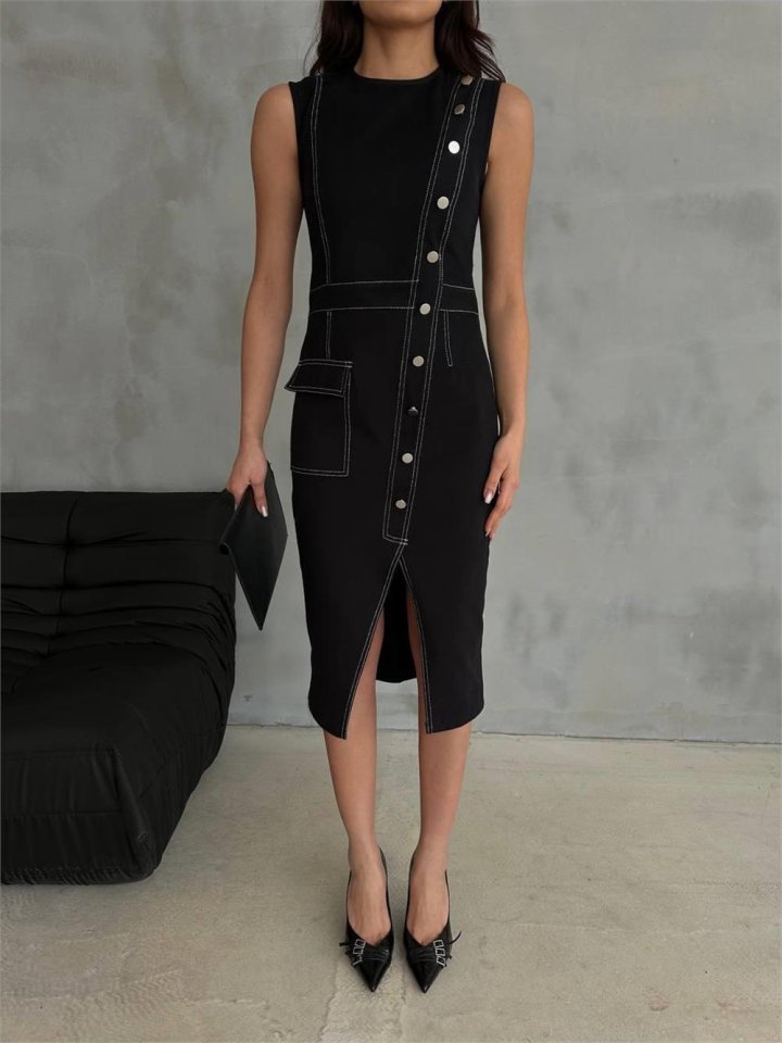 GABARDİN KALEM ELBİSE DÜĞME VE YIRTMAÇ DETAYLI - Bej