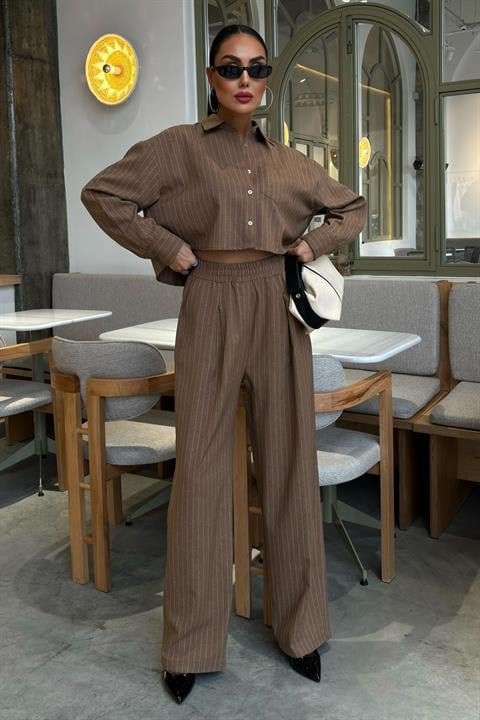 Crop Gömlekli Çizgili Takım 10080