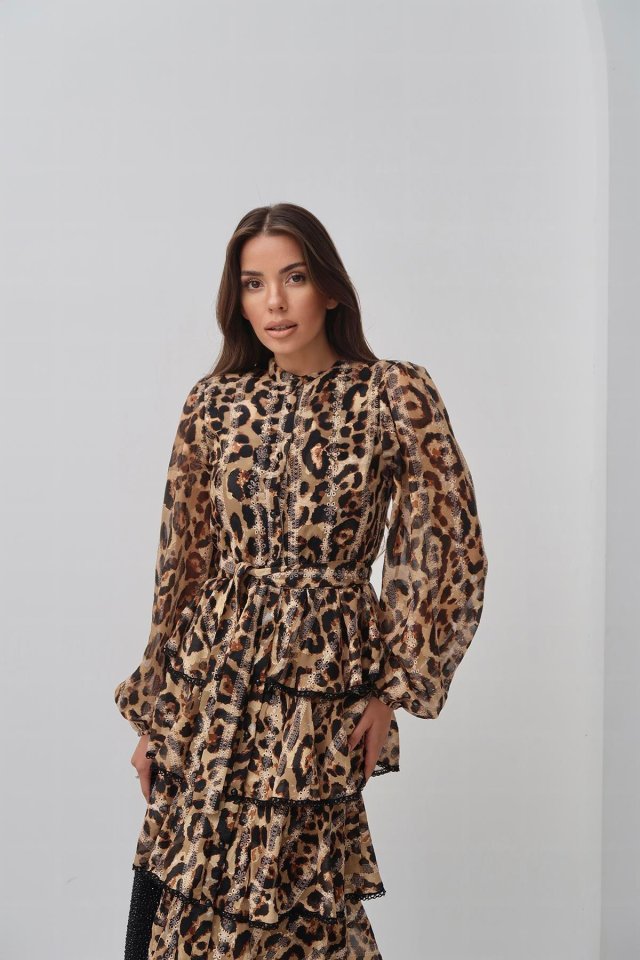 Leopar Volanlı Şeritli Uzun Elbise