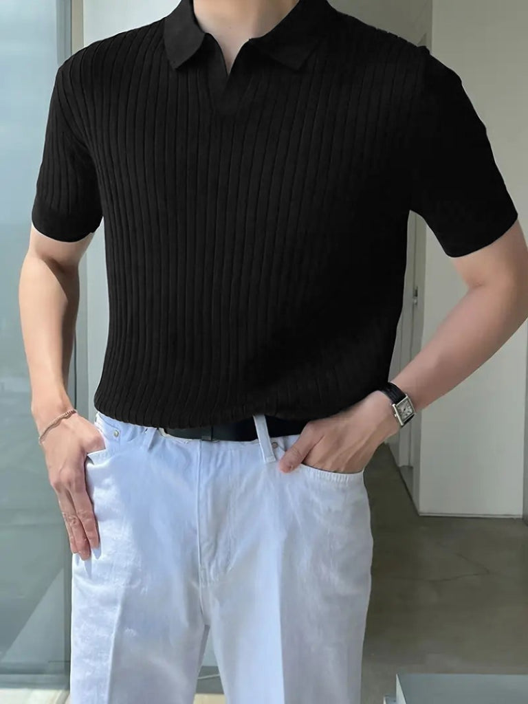 Erkek Kısa Kollu Yakalı çizgi Desenli Triko Bluz