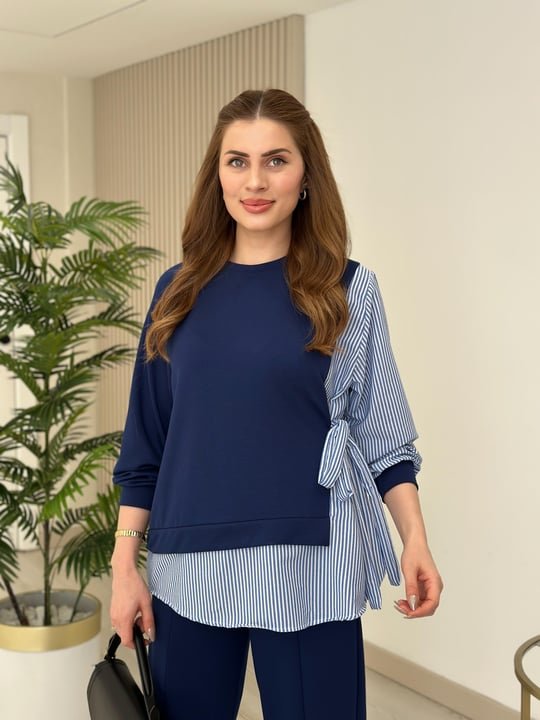 Kadın Gömlek Detay çizgili Yandan Bağlamalı Ikili Takım