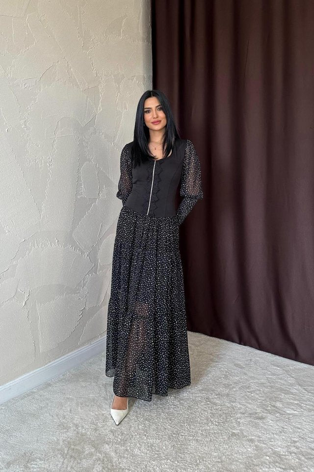 Siyah Dantelli Taşlı Şeritli Elbise