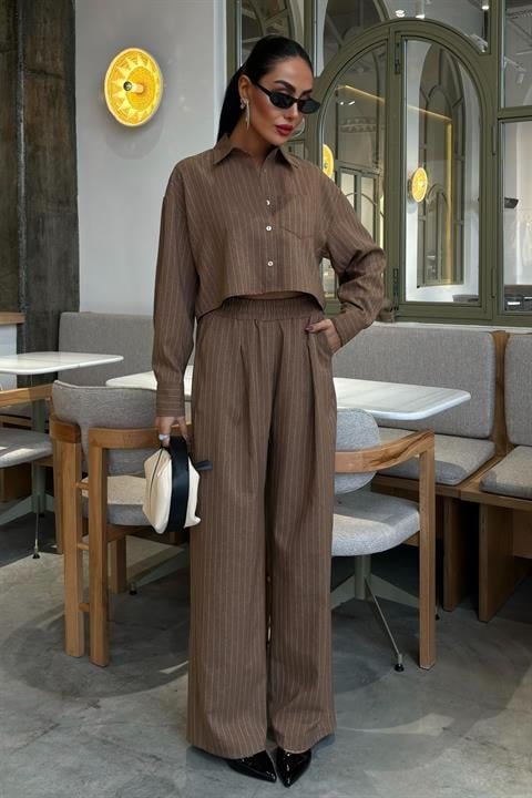 Crop Gömlekli Çizgili Takım 10080