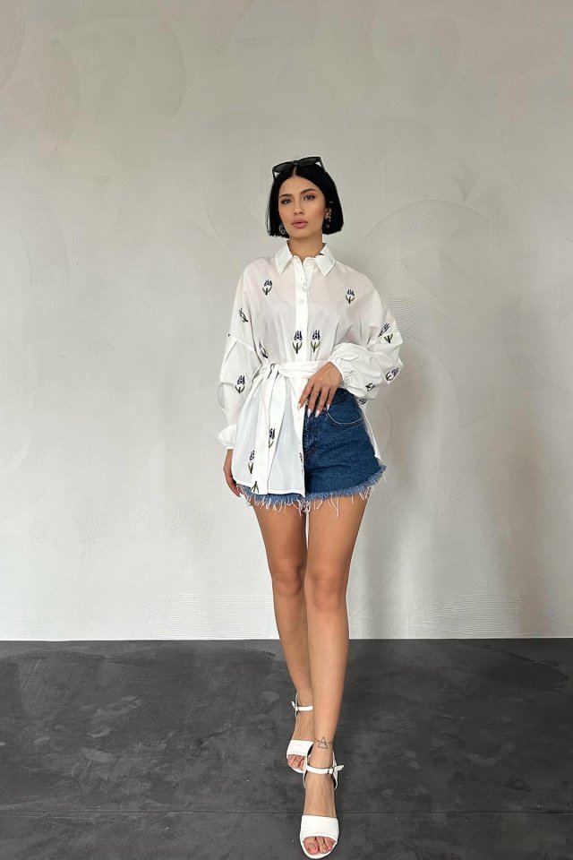 Lacivert Vual Metraj Nakış Kuşaklı Gömlek