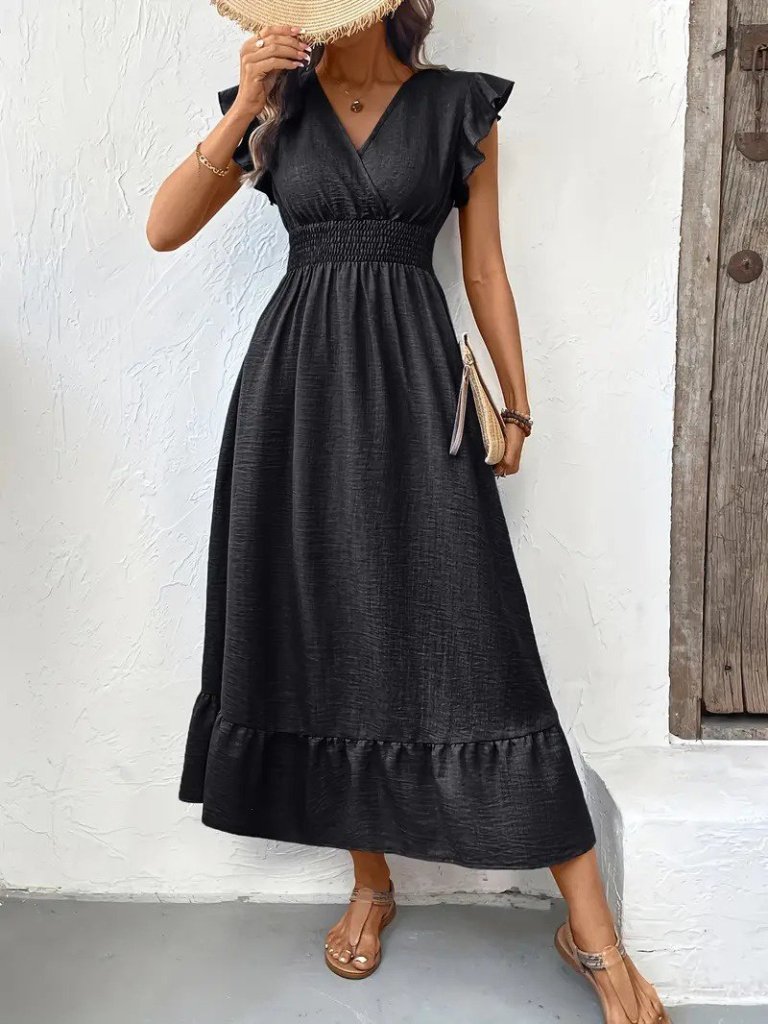 Kadın Kısa Kelebek Kollu Kruvaze Yakalı Beli Lastikli Aerobin Elbise