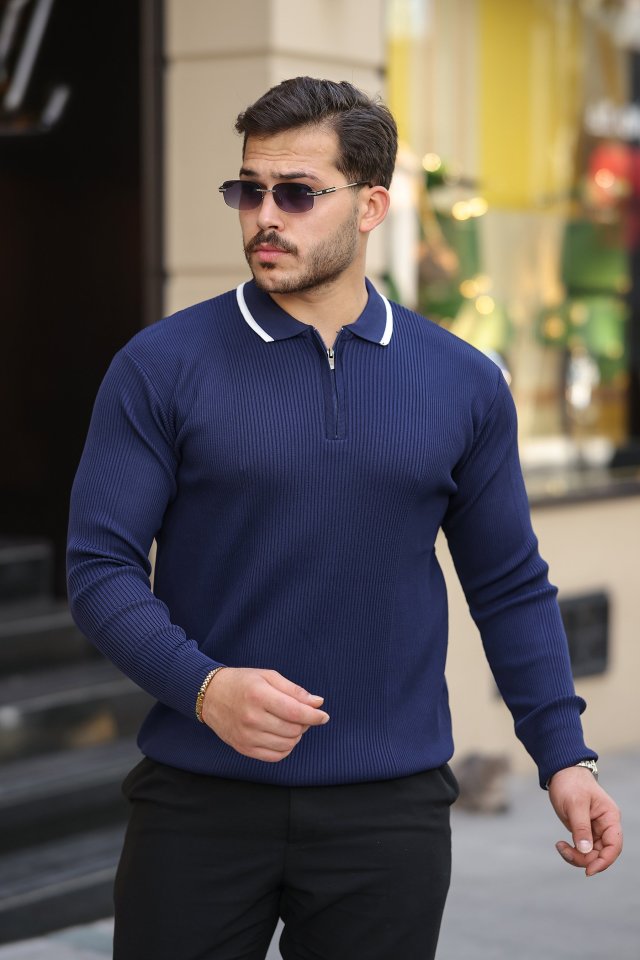 Erkek Yakaları çizgi Detaylı Selanik örme Triko