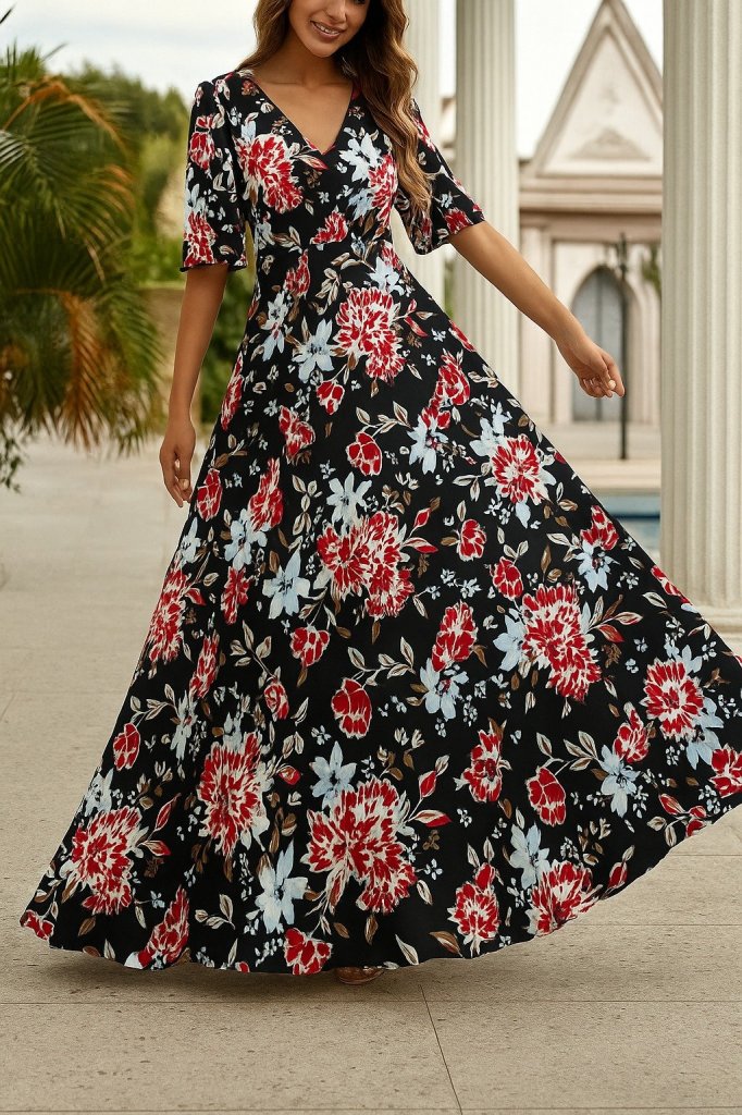 Kadın Kısa Kollu V Yakalı Desenli Süprem Elbise