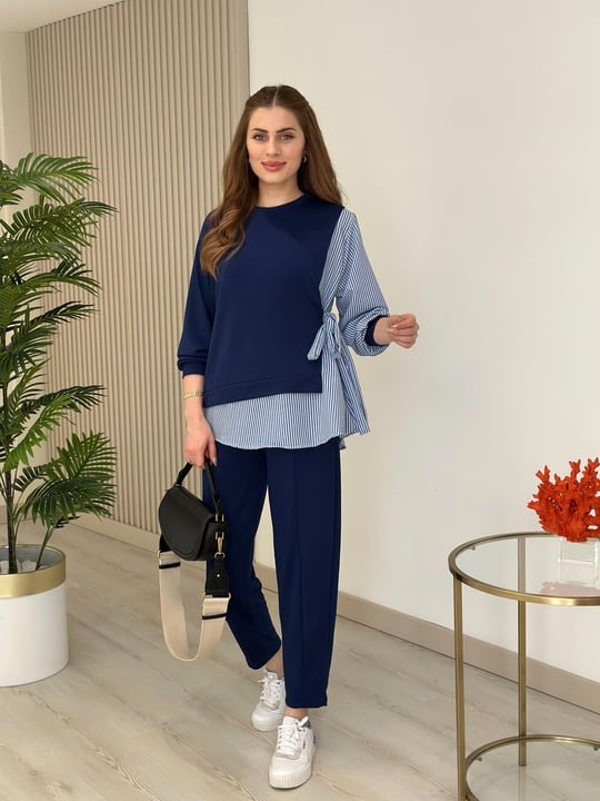 Kadın Gömlek Detay çizgili Yandan Bağlamalı Ikili Takım