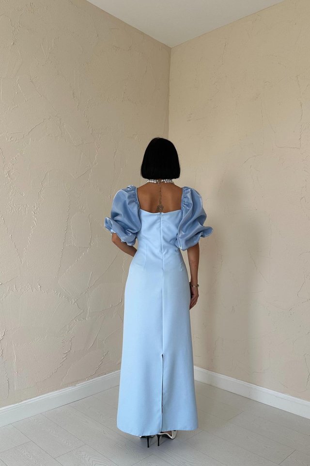 Bebe Mavi İşlemeli Kolu Garnili Elbise