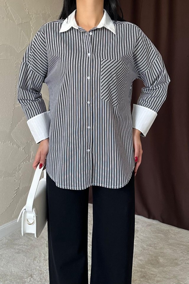 Siyah Çizgili Poplin Uzun Kol Gömlek