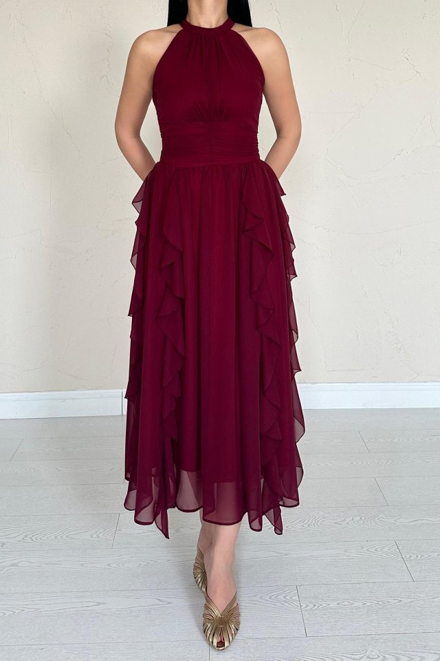 Bordo Önü Büzgülü Fırfırlı Elbise