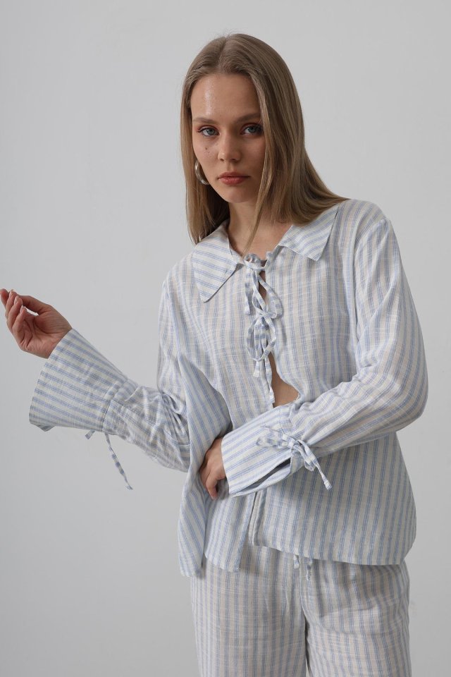 Çzgili Bağlamalı Pantolon Takım - Mavi