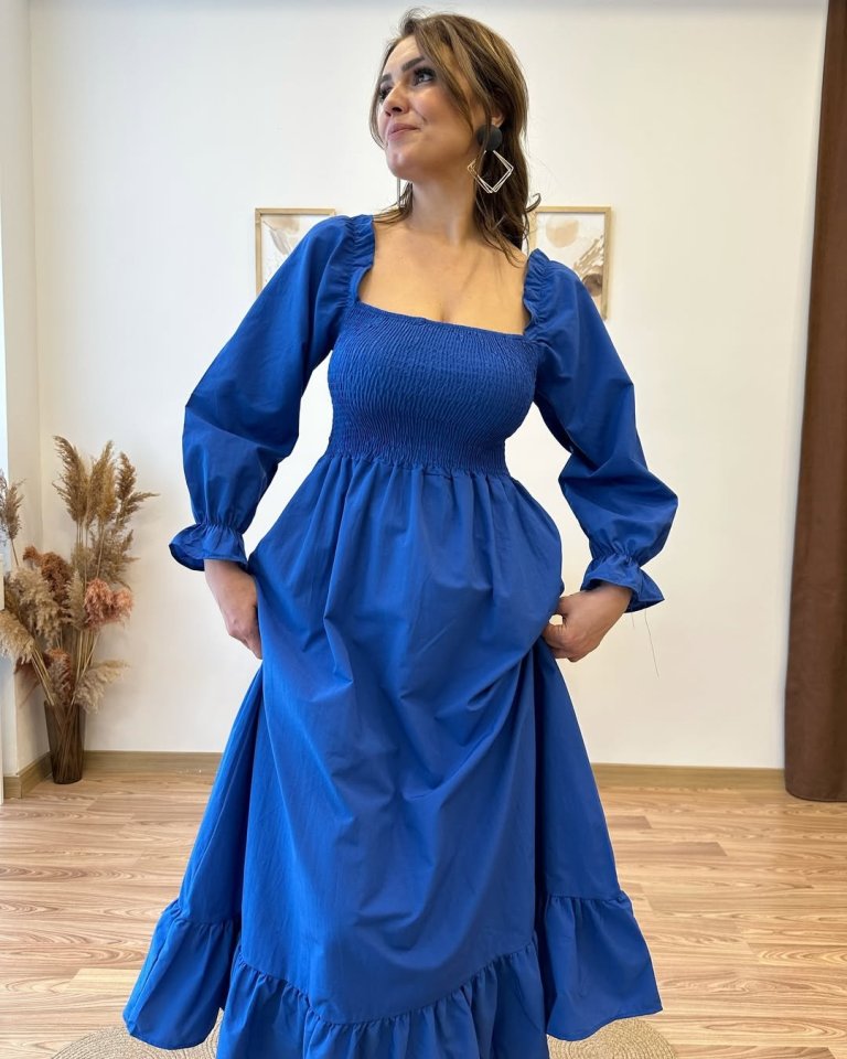 Kadın Uzun Kollu Kare Yakalı Gipeli Uzun Trikoton Elbise