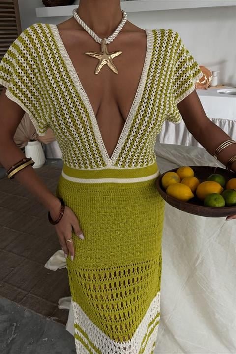 Omuzu Çizgili Ajurlu Triko Elbise 2868