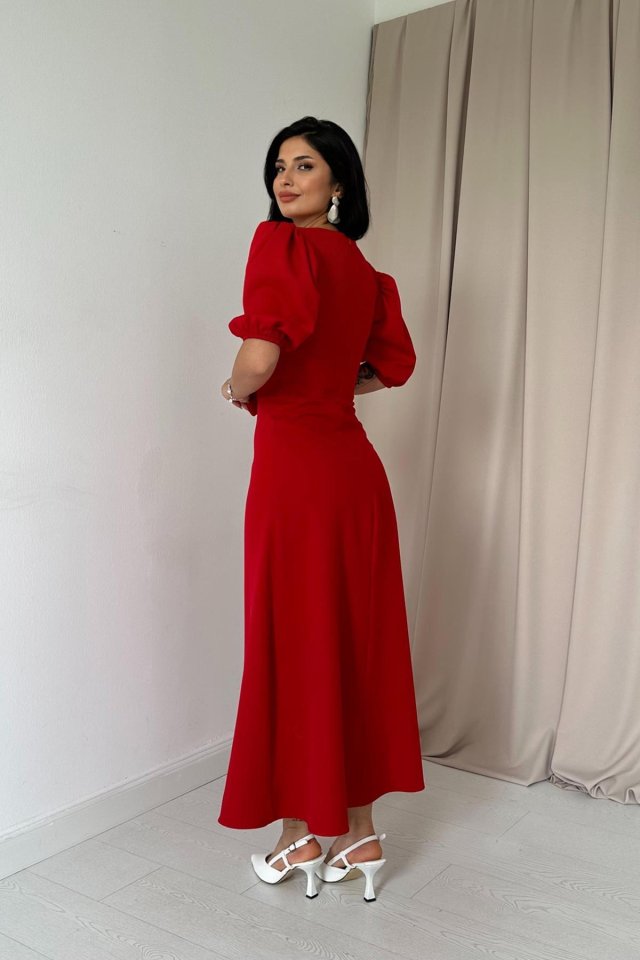 Kırmızı Fiyonklu Midi Elbise