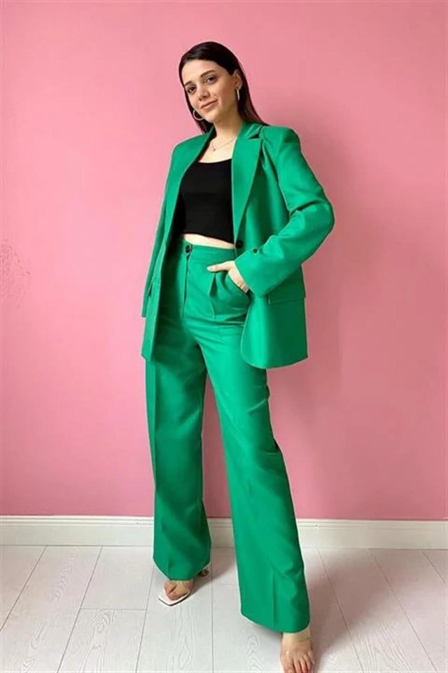 Yeşil Çift Düğmeli Ceket Ve Pantolon Takım