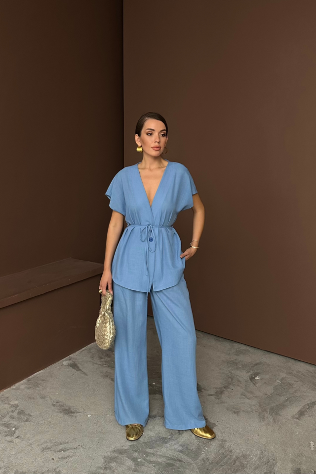 KETEN V YAKA BELDEN BAĞLAMALI BLUZ-PANTOLON TAKIM - Mavi