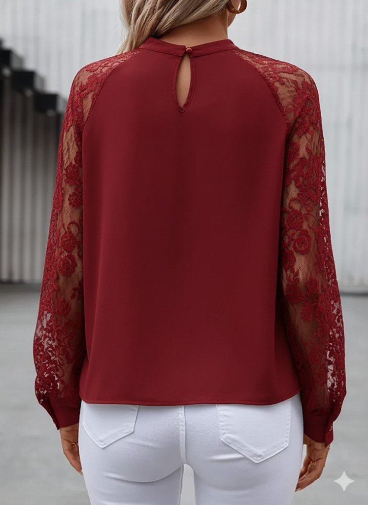 Kadın Uzun Dantel Kollu Yuvarlak Yakalı Sandy Bluz