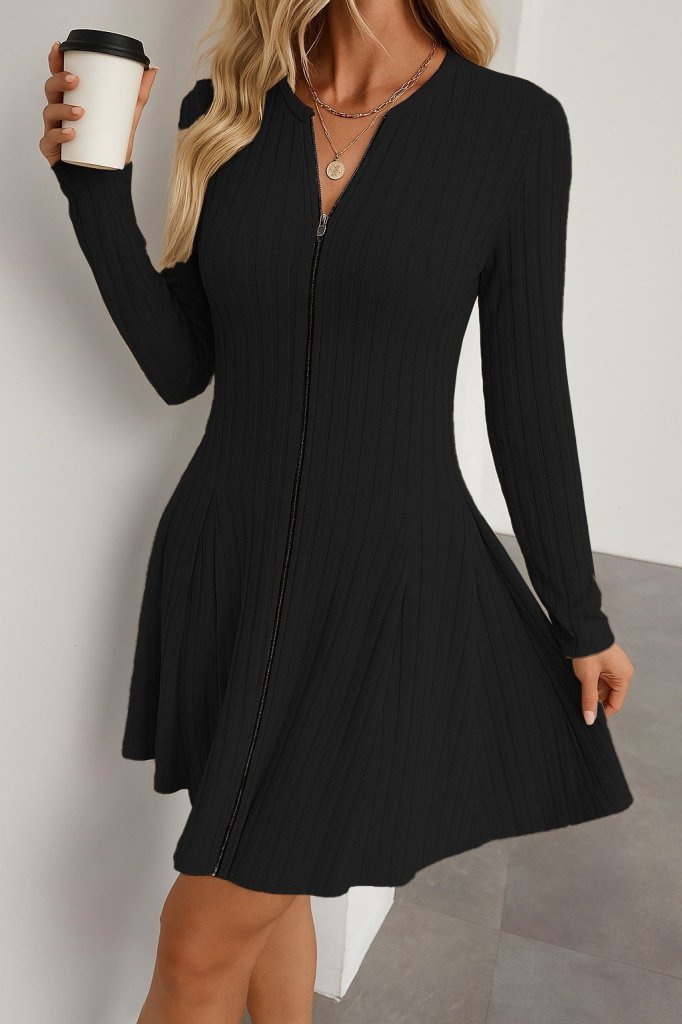 Kadın Uzun Kollu önden Fermuarlı Pileli şardonlu Kaşkorse Mini Elbise