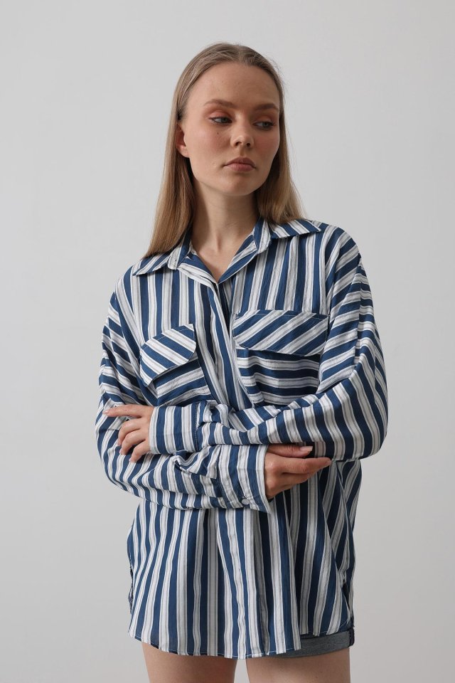 Cep Detaylı Oversize Gömlek - Lacivert