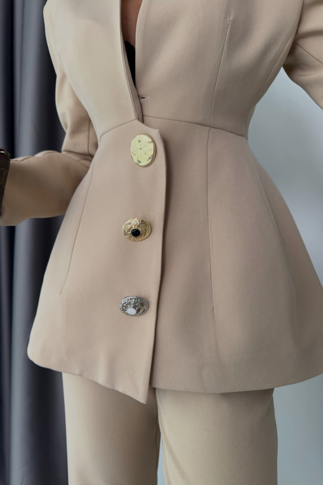 TASARIM CEKET-PANTOLON TAKIM METAL DÜĞME DETAYLI - Bej