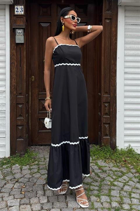 Dalgalı Şerit Detay Askılı Poplin Elbise 2876