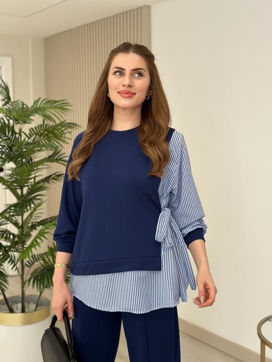 Kadın Gömlek Detay çizgili Yandan Bağlamalı Ikili Takım