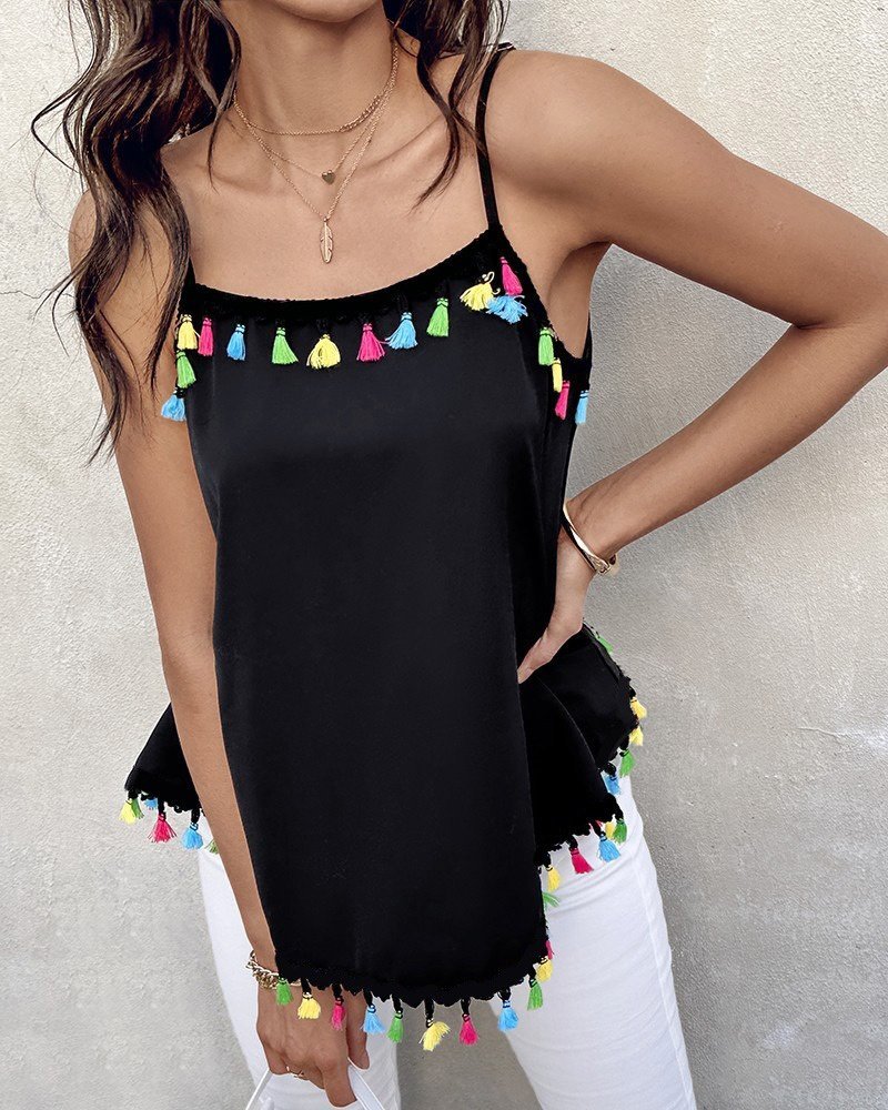 Kadın Ip Askılı Püskül Detaylı Sandy Bluz