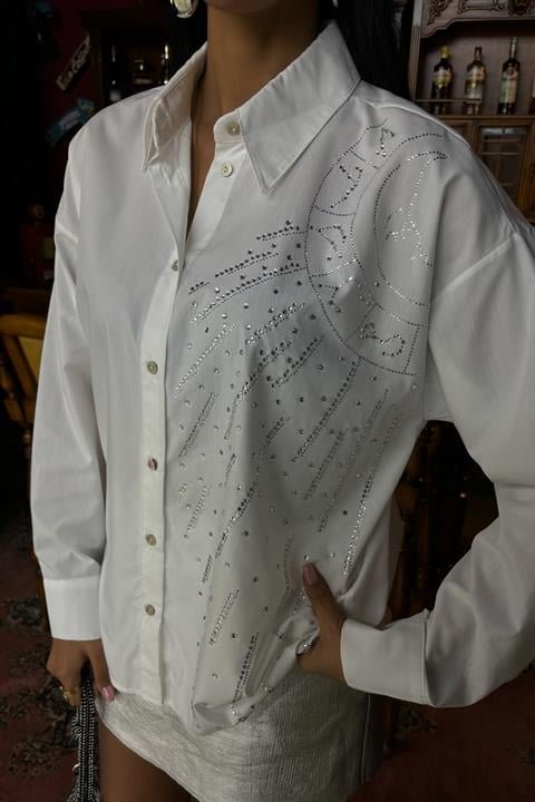 Ay Figürlü Taş İşlemeli Poplin Gömlek 3440
